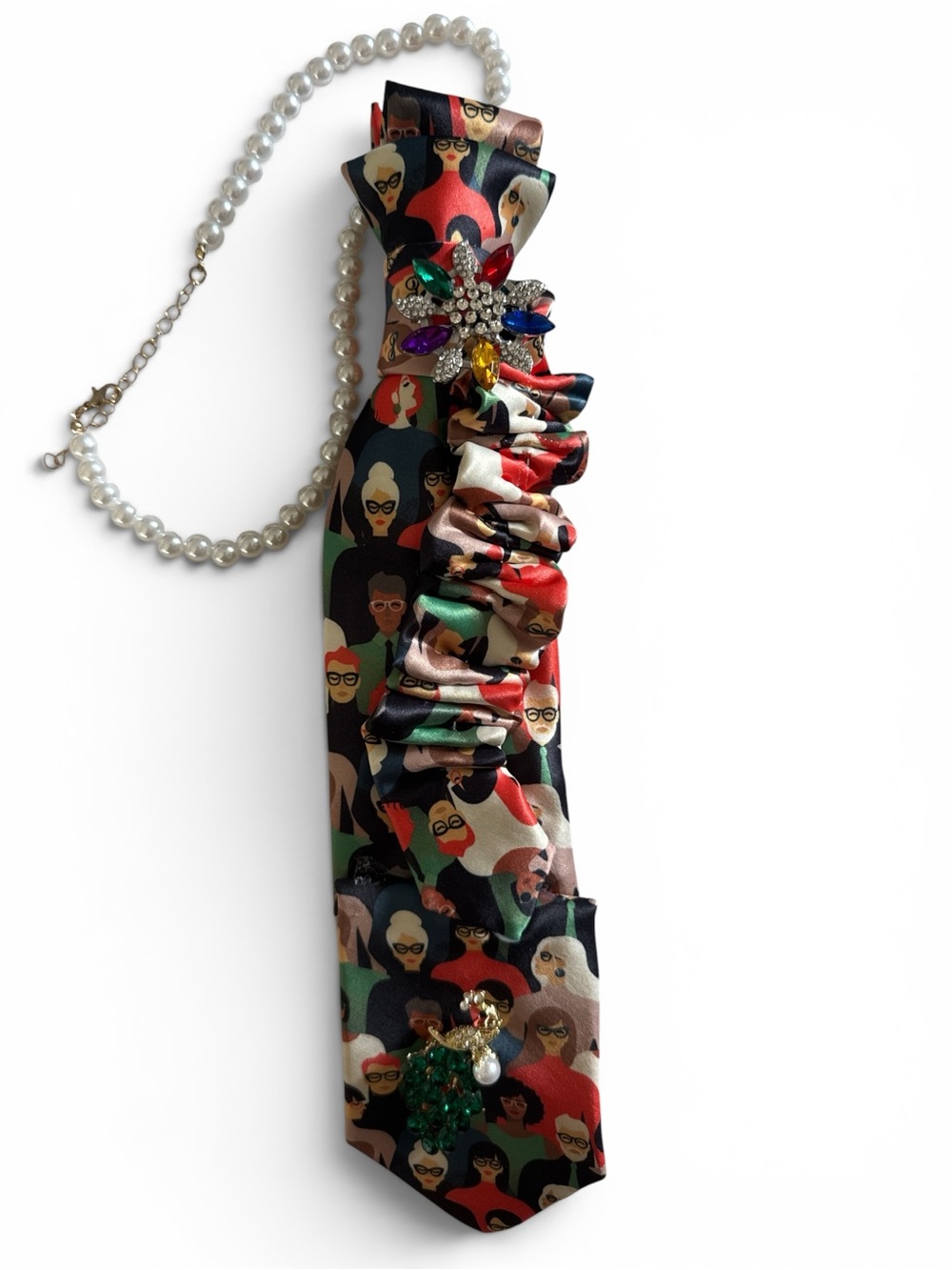 Unique Statement Silk Tie Necklace with Colorful Faces & Jewel Accents